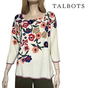 Talbots Sweater Vivid Floral Print Bracelet length Sleeve Boat neck Pullover